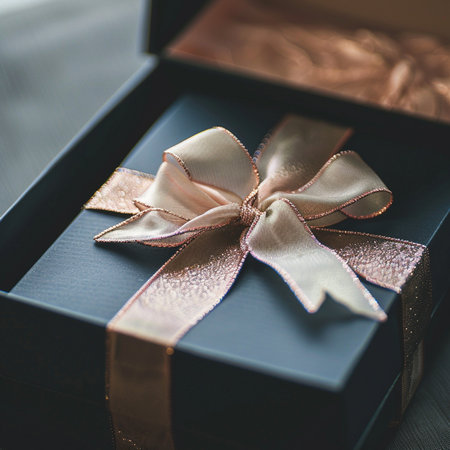 gift box with gold ribbon on dark background, vintage tonedの素材