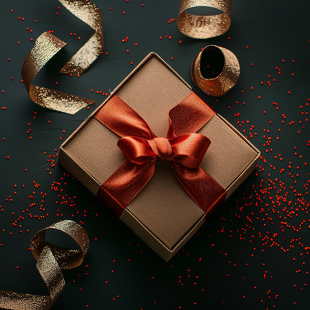 Gift box with red ribbon and confetti on black background, top viewの素材