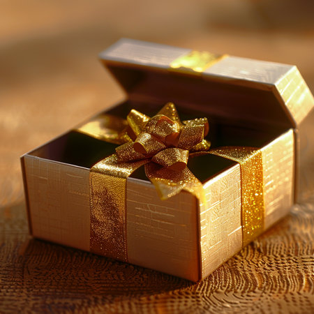 golden gift box on wooden background, closeup photo with shallow depth of fieldの素材