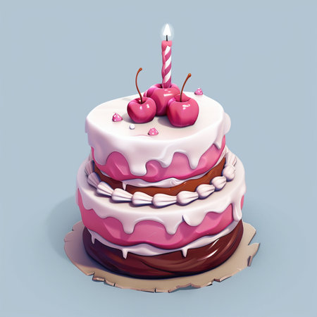 A delightful two-tiered birthday cake adorned with cherries, a candle, and swirled frosting on a light blue background.の素材
