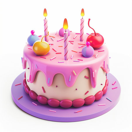A vibrant 3D illustration of a birthday cake featuring pink frosting, lit candles, colorful sprinkles, and a cherry on top, set against a white background.の素材