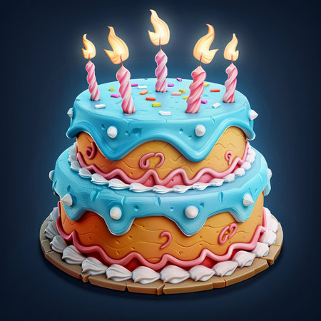 A delicious looking two-tiered birthday cake decorated with blue frosting, orange cake layers, pink piping, and lit candles with sprinkles.の素材