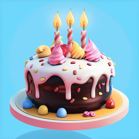A delightful 3D rendered birthday cake adorned with vibrant frosting, sprinkles, lit candles, and assorted candies, presented on a decorative stand against a bright blue background.の素材