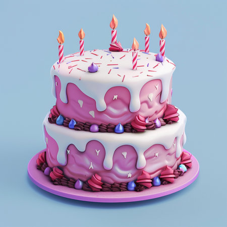 A delightful two-tier pink birthday cake adorned with white drip frosting, colorful sprinkles, and lit candles, perfect for celebrations.の素材