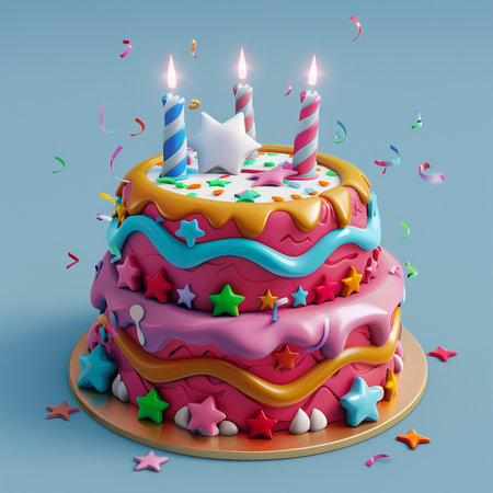 A festive two-tiered birthday cake adorned with glowing candles, colorful star decorations, and scattered confetti, perfect for celebratory occasions.の素材