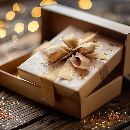 Gift box with golden bow on wooden background with bokeh.の素材