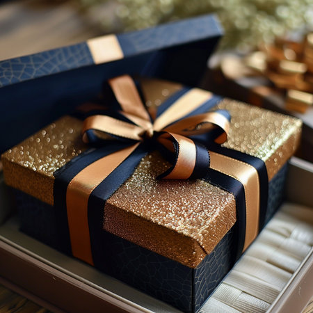 Gift box with gold ribbon and bow on wooden table, closeupの素材