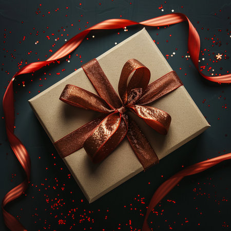 Gift box with red ribbon on black background. Top view.の素材