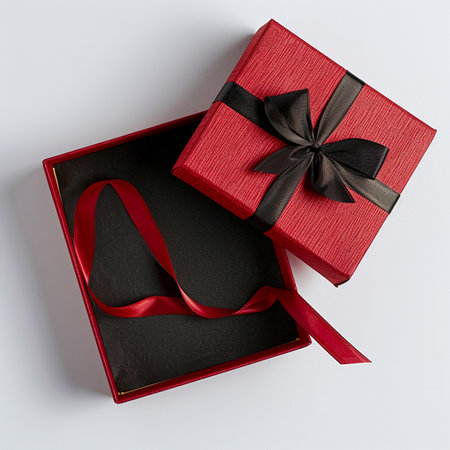 Open red gift box with a black bow on a white background.の素材