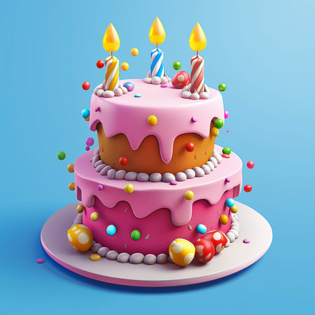 A charming two-tiered pink birthday cake adorned with bright sprinkles and topped with three lit candles, set against a blue background.の素材