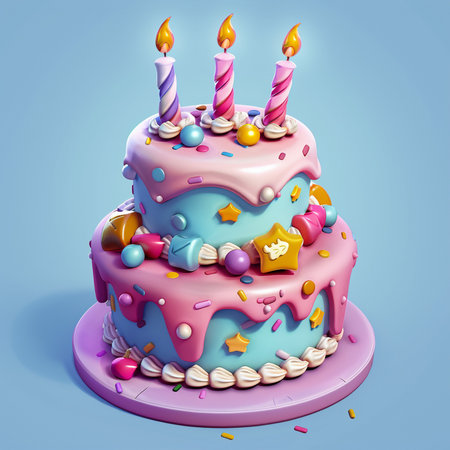 A delightful two-tiered birthday cake adorned with pink and blue frosting, sprinkles, candies, and lit candles, set against a soft blue background.の素材