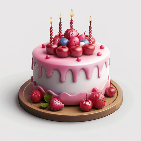 A festive birthday cake adorned with pink drip icing, red cherry decorations, and lit candles, perfect for celebrations.の素材