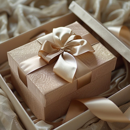 Gift box with gold bow on a background of beige fabricの素材