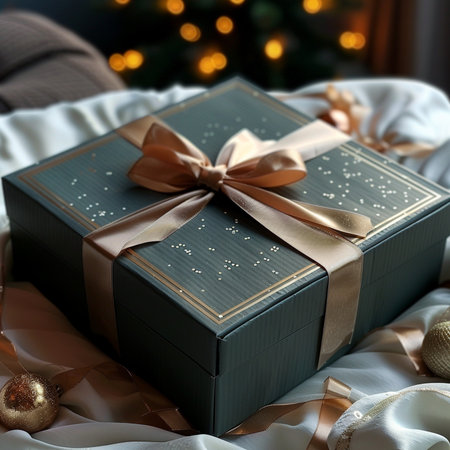 Beautiful gift box on bed in room with Christmas tree on backgroundの素材