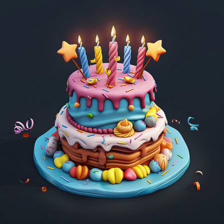 A colorful and playful two-tiered birthday cake adorned with lit candles, sprinkles, and star decorations, set against a dark background.の素材