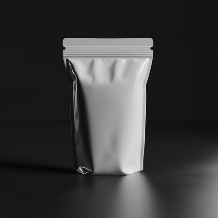 Blank foil bag mockup on black background. 3d renderingの素材