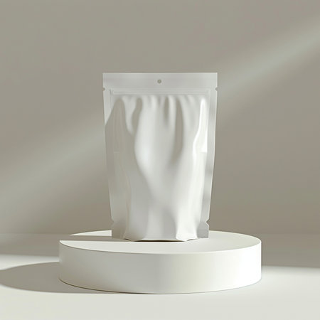 3d rendering of a white paper bag on a white podium.の素材