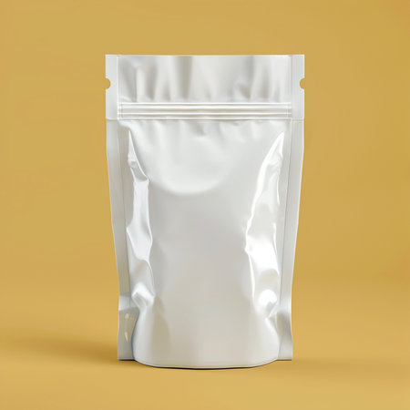 Blank white foil bag mockup isolated on yellow background. 3d renderingの素材