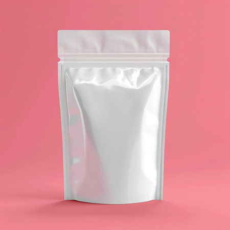 Blank foil sachet mockup on pink background. 3d renderingの素材