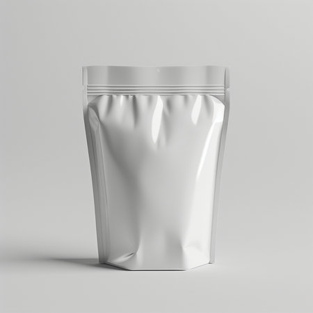 Blank foil bag mockup isolated on gray background. 3d renderingの素材