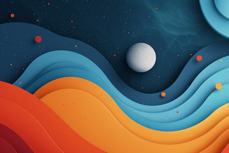 Abstract background with 3d paper cut shapes and planets. Vector illustrationの素材