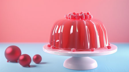 A glistening pink jelly dessert adorned with fresh raspberries sits on a white pedestal, set against a soft pink backdrop and a blue surface.の素材