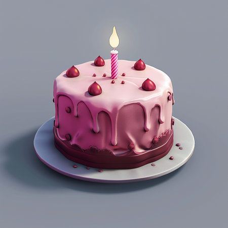 A charming pink frosted cake adorned with a lit candle and decorative elements, placed on a cake stand against a plain backdrop.の素材