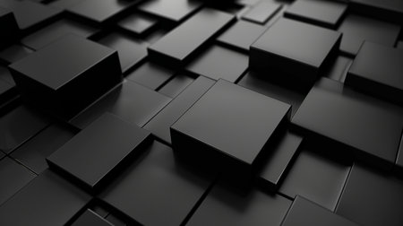 A dynamic arrangement of abstract 3D black cubes with sophisticated lighting, forming a sleek geometric pattern for modern backgrounds.の素材