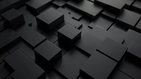 A dynamic 3D render of dark black cubes arranged in a geometric pattern, creating a sense of depth and modern abstraction with dramatic lighting.の素材
