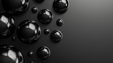 A collection of reflective black spheres with subtle glitter particles scattered across a dark gray, subtly textured background. 3D render.の素材