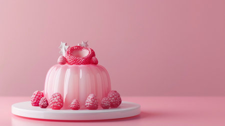 A beautifully presented pink jelly dessert adorned with fresh raspberries and star-shaped sprinkles, served on a clean white plate, against a soft pink background.の素材