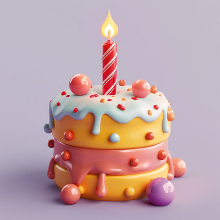 A delightful 3D illustration of a tiered birthday cake adorned with a lit candle, sprinkles, and spherical candies on a pastel background.の素材