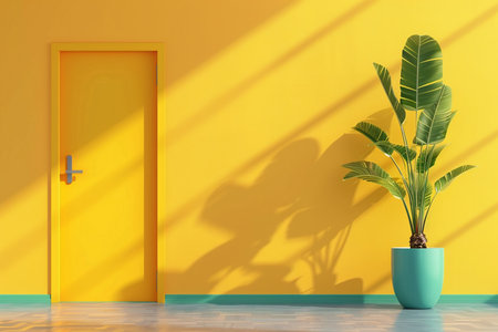 A vibrant yellow door with geometric sunlight casting shadows on a sunny wall, next to a lush green potted plant in a clean, modern room.の素材
