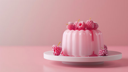 A visually appealing pink raspberry jelly dessert, topped with fresh raspberries and a glossy syrup, presented on a white plate against a soft pink background.の素材