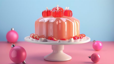 A delightful cake with jelly apple and strawberry toppings, presented on a stand, surrounded by pink baubles, on a pink and blue backdrop.の素材