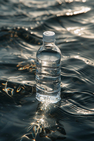 A transparent water bottle rests on dark, wavy water. Sunlight creates shimmering reflections on the surface.の素材