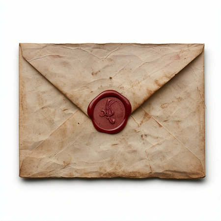Vintage textured envelope made of aged paper, secured with a deep red wax seal imprint showing a decorative 'A' initial.の素材