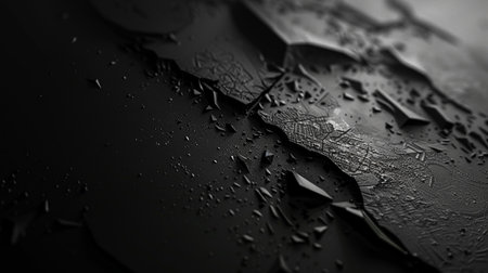 Close-up of a dark textured surface with sharp broken edges and scattered small debris, suggesting destruction or decay.の素材