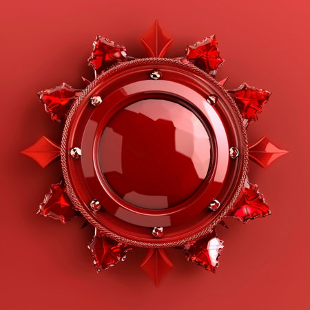 A detailed 3D render of a radiant red starburst emblem featuring faceted gemstones and a textured metallic ring, set against a solid red background.の素材