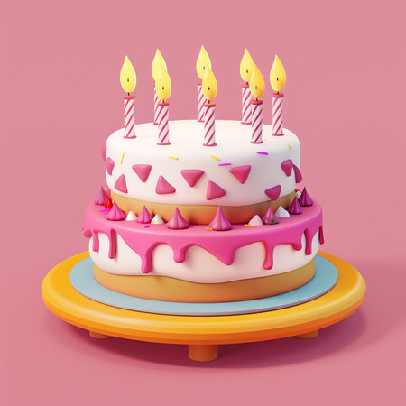 A charming two-tiered birthday cake decorated with pink frosting, triangle sprinkles, and lit candles sits on a colorful stand.の素材