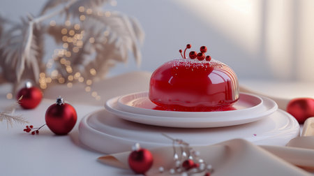 A glossy red mousse cake, adorned with delicate red berries and edible glitter, sits on a white plate, complemented by Christmas ornaments and soft bokeh.の素材