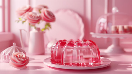 A charming composition featuring a translucent pink jelly, a soft pink rose, and a bouquet of roses in a vase, all in a gentle pastel setting.の素材