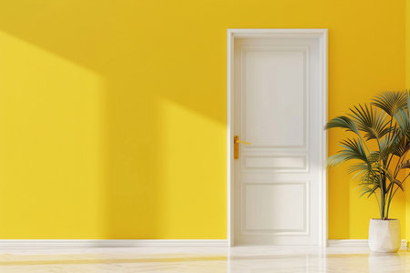A bright yellow interior wall with a closed white door and a lush green plant in a modern pot, creating a vibrant and inviting home decor scene.の素材