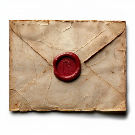 A vintage, distressed paper envelope sealed with a rich red wax stamp imprinted with the letter P, presented on a clean white backdrop.の素材