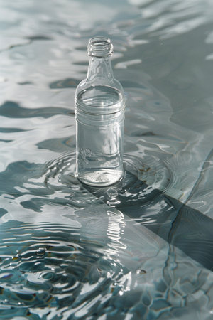 A transparent glass bottle rests on the surface of calm water, with visible ripples and light reflections. Minimalist and serene.の素材