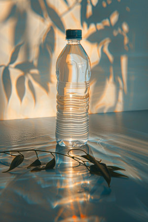 A transparent water bottle filled with clear water sits on a reflective surface, casting dynamic light patterns and leaf shadows.の素材