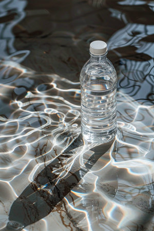A clear plastic bottle filled with water rests on a marble surface, beautifully illuminated by shimmering light reflections.の素材