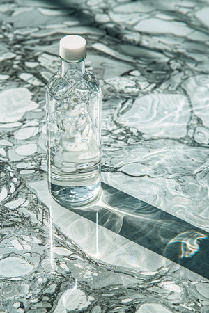 A transparent bottle containing a clear liquid with small bubbles sits on a grey marble surface, illuminated by natural light creating shadows.の素材
