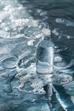 A clear glass bottle containing water with visible bubbles, placed in rippling water with foam.の素材