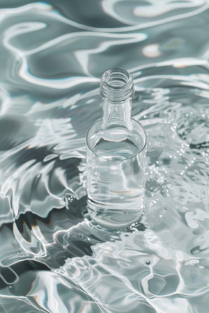 A clear glass bottle containing pure water floats on a rippling, reflective surface, symbolizing purity and hydration.の素材